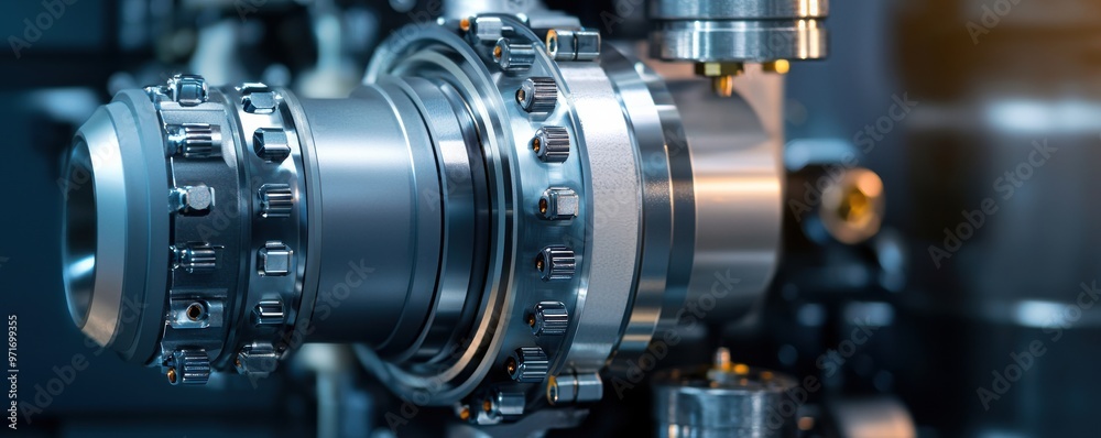 modern industrial machine part, showcasing intricate details and precision engineering in metallic finish. modern industrial machine part, showcasing intricate details and precision engineering in metallic finish.