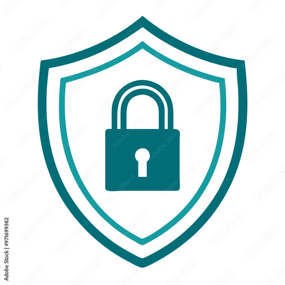 Teal shield icon with padlock, security and protection symbol Teal shield icon with padlock, security and protection symbol