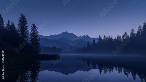 A serene nighttime landscape. A vast starry sky, dotted with numerous twinkling stars, dominates the upper half of the image. Below, a range of majestic mountains, partially shrouded in shadows