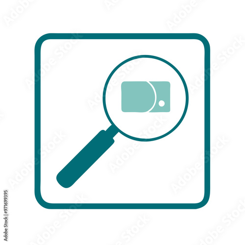 Magnifying glass icon with camera, teal, search and photography concept