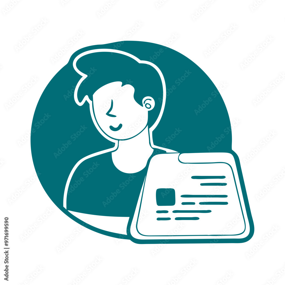 Person with document icon, teal vector, personal data representation Person with document icon, teal vector, personal data representation