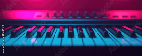 modern keyboard keys illuminated by vibrant pink and blue lights, creating a stylish and artistic atmosphere. photo