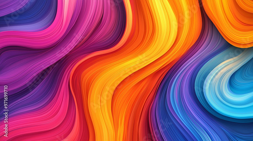 A vibrant and colorful abstract design. It features multiple wavy lines of varying colors, including shades of orange, yellow, pink, blue, and purple. The lines are layered, creating a multi-dimension