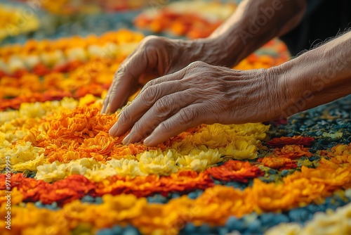 A close-up of hands carefully placing fresh flowers to create a vibrant and intricate floral Rangoli.