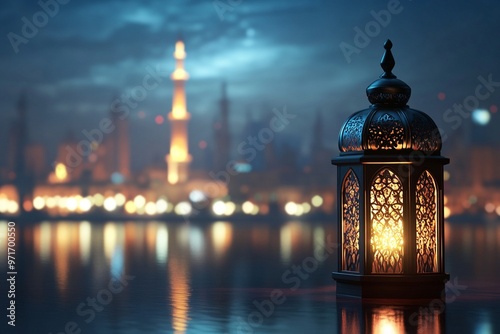 Arabic lantern in colorful Ramadan and Eid Greeting Background