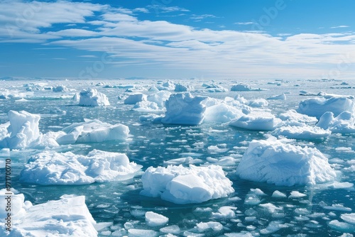 Vast icy landscape featuring fragmented ice floes on a calm sea under a soft gray sky during late afternoon light photo