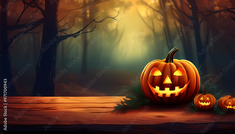 Glowing jack-o'-lantern pumpkin on a wooden table, set against a natural forest backdrop, p_1(455) Glowing jack-o'-lantern pumpkin on a wooden table, set against a natural forest backdrop, p_1(455)
