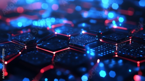 Abstract geometric background with glowing red and blue hexagons.