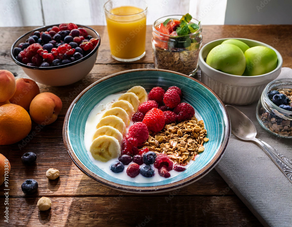 A fresh, colorful breakfast spread of fruits, yogurt, and granola on a rustic wooden table. A fresh, colorful breakfast spread of fruits, yogurt, and granola on a rustic wooden table.