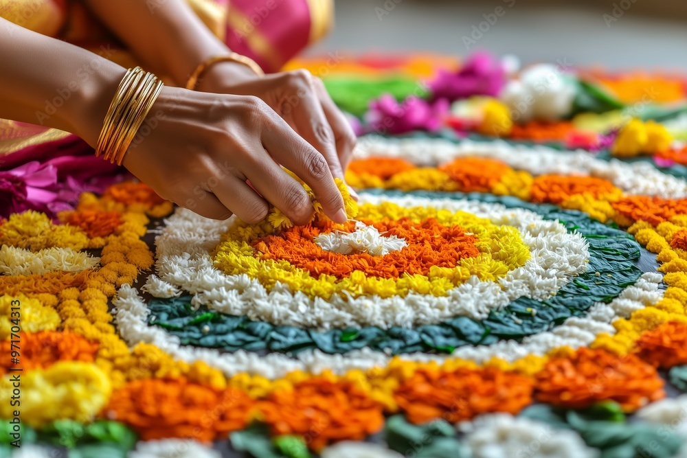 Fototapeta premium A close-up of hands carefully placing fresh flowers to create a vibrant and intricate floral Rangoli.