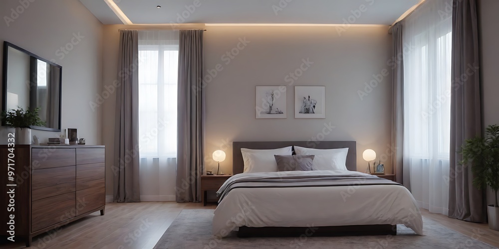 Elegant Modern Bedroom Interior with Neutral Tones and Artistic Wall Decor - Perfect for Home Design Inspiration Elegant Modern Bedroom Interior with Neutral Tones and Artistic Wall Decor - Perfect for Home Design Inspiration