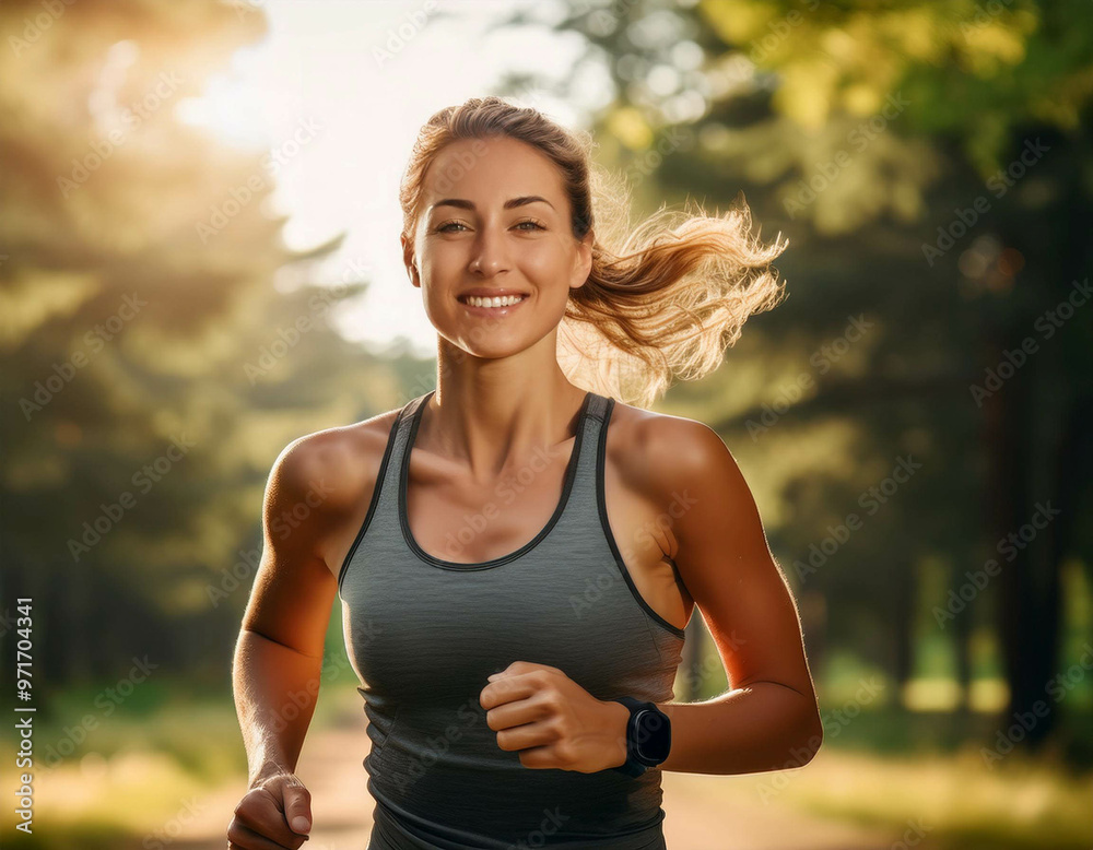 A female athlete in mid-action, smiling confidently during a morning run in the park A female athlete in mid-action, smiling confidently during a morning run in the park