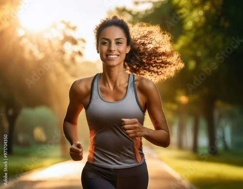 A female athlete in mid-action, smiling confidently during a morning run in the park