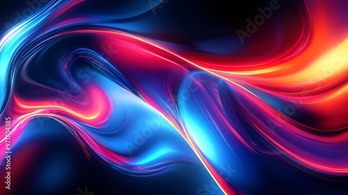 Abstract swirling lines of vibrant blue, red, and orange on a dark background.