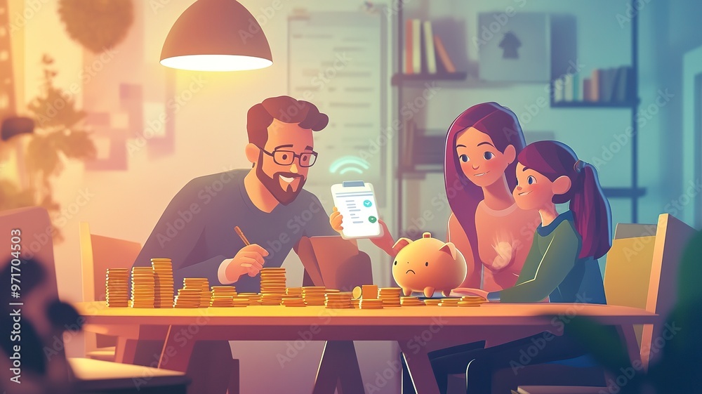 Happy family planning their finances with piggy bank and calculator at home Happy family planning their finances with piggy bank and calculator at home