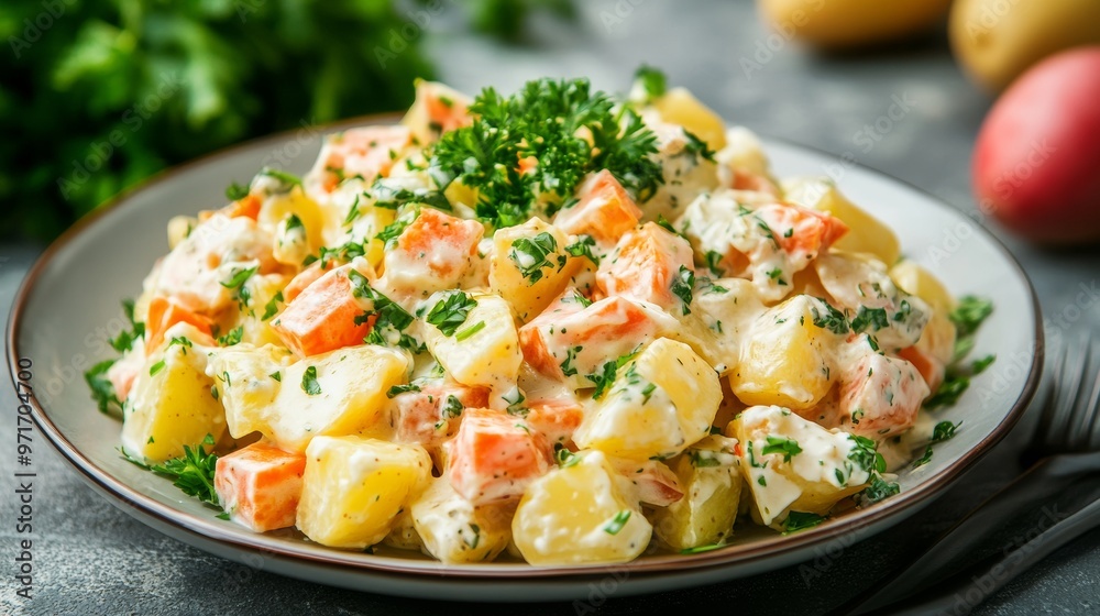 The national cuisine of Great Britain: Potato salad in English. The national cuisine of Great Britain: Potato salad in English.