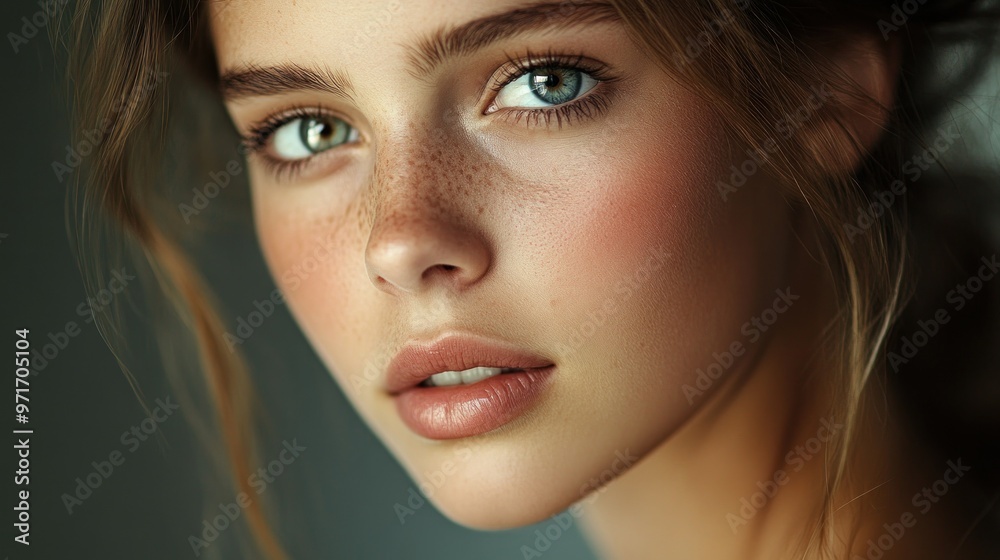 Close-up Portrait of a Young Woman with Freckles and Green Eyes Close-up Portrait of a Young Woman with Freckles and Green Eyes