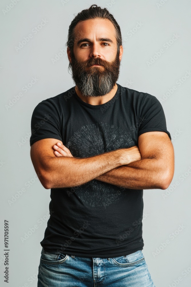 Confident Man in Black T-Shirt with Arms Crossed Confident Man in Black T-Shirt with Arms Crossed