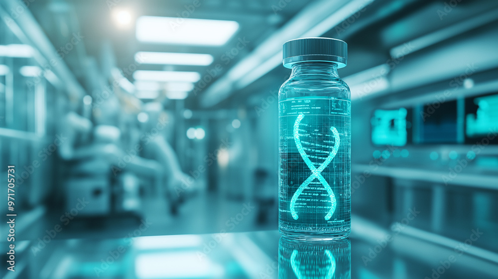 A vial containing a bioluminescent DNA helix, floating in a futuristic lab environment with glass walls, transparent screens displaying genetic structures, and robotic arms in the A vial containing a bioluminescent DNA helix, floating in a futuristic lab environment with glass walls, transparent screens displaying genetic structures, and robotic arms in the