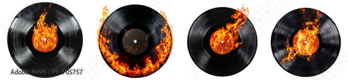 Vinyl records with flames around them music and fiery energy concept transparent background