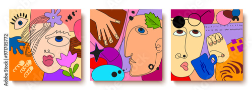 Colorful abstract background of faces. Vector design of geometric shapes and lines in the cubist style