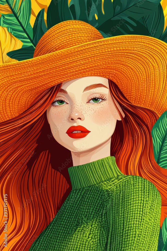 Illustration of Woman with Orange Hat and Green Sweater Illustration of Woman with Orange Hat and Green Sweater