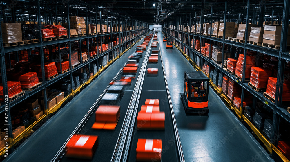 Automated robots efficiently moving along designated paths in a vast, organized warehouse, streamlining fulfillment processes with precision and speed.