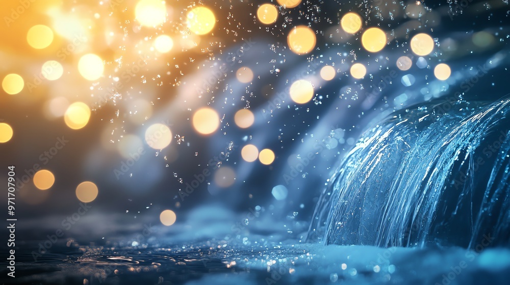 Waterfall with blurred lights in the background. Waterfall with blurred lights in the background.