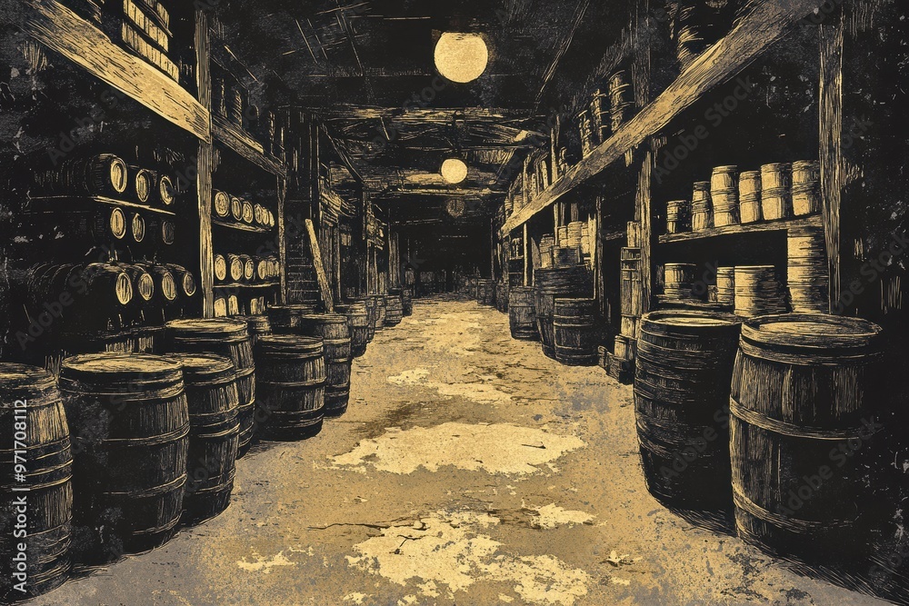 Rustic Storage Room with Barrels and Dim Lighting Rustic Storage Room with Barrels and Dim Lighting