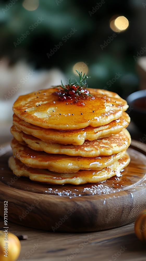 A stack of golden pancakes drizzled with honey and topped with a sprig of rosemary.