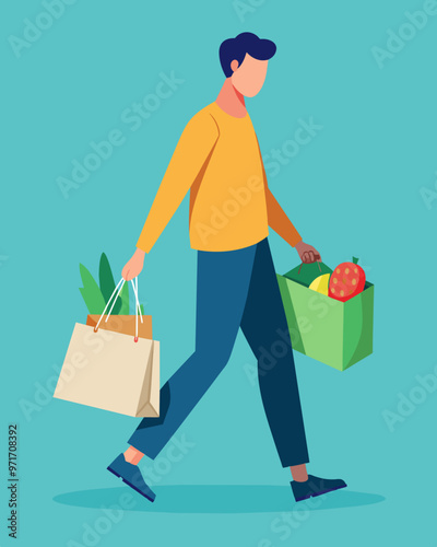 A single individual bringing reusable bags to the grocery store to avoid the cost of purchasing plastic bags.. Vector illustration