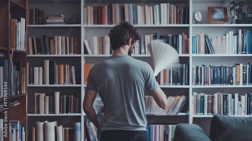 A young man browsing through books in a cozy library surrounded by shelves filled with literature in a warm, inviting atmosphere