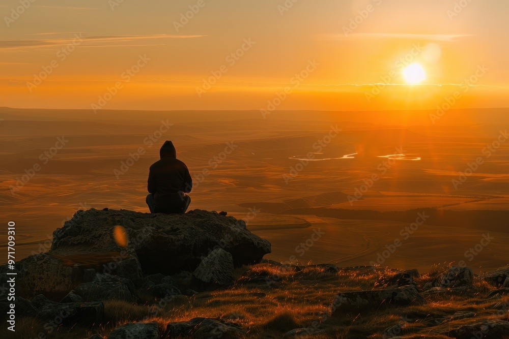 A person sits on a rock at sunset, gazing over a vast landscape with rolling hills and a shimmering river in the distance during golden hour A person sits on a rock at sunset, gazing over a vast landscape with rolling hills and a shimmering river in the distance during golden hour