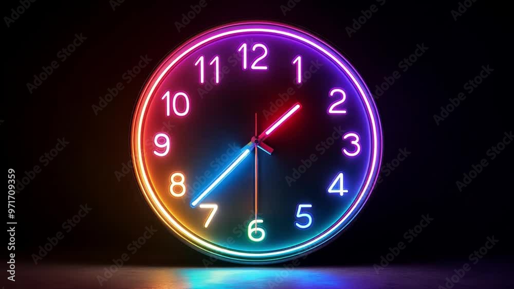 A neon clock glows with vibrant colors, illuminating the dark surroundings while indicating the current time clearly