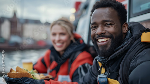 An ambulance driver and a paramedic outside the ambulance, eating lunch and smiling as they discuss their shift, the vehicle parked nearby in an urban area, break, healthcare, team