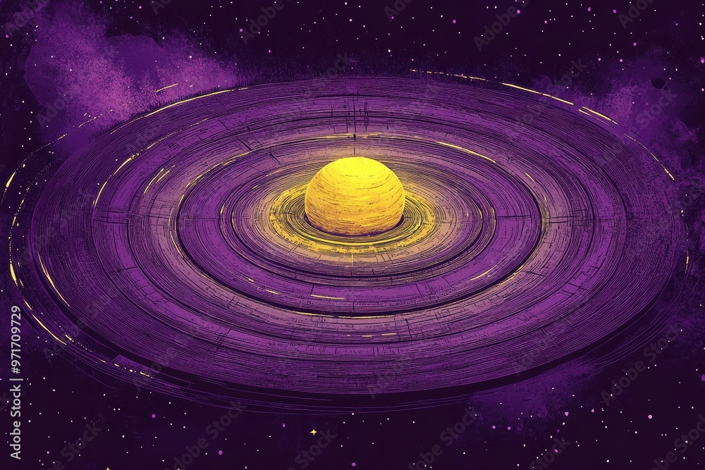 Fototapeta premium Abstract Planetary Design with Purple Rings and Starry Background