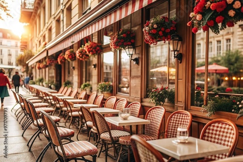 Wooden empty tables and chairs for seating and eating in cafe or restaurant outdoors