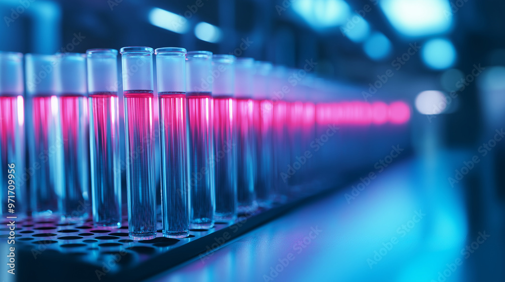 Test tubes filled with bright, fluorescent liquids in a dimly lit lab, symbolizing the exploration of biomarkers in medical research. Test tubes filled with bright, fluorescent liquids in a dimly lit lab, symbolizing the exploration of biomarkers in medical research.