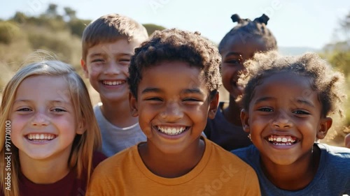 A group of cheerful diverse children are enjoying their time together outdoors, all wearing bright smiles as they embrace the warmth of a sunny day
