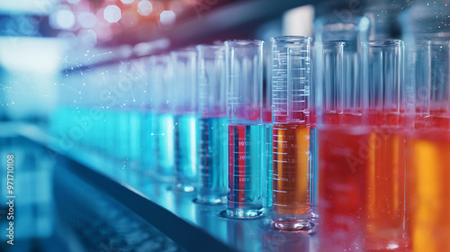 A close-up of colorful liquids in test tubes with digital data overlays, symbolizing the integration of technology in biomarker analysis.