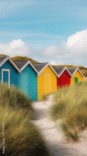 Colorful Beach Huts Lined Up Against a Backdrop of Dunes photo