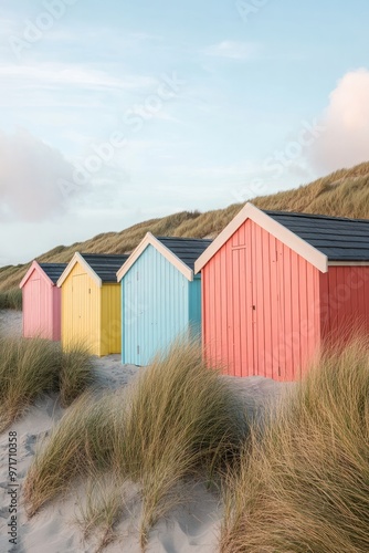 Colorful Beach Huts Lined Up Against a Backdrop of Dunes photo