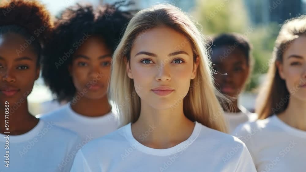 A group of multicultural women stands confidently outdoors, wearing white t-shirts, highlighting diversity and solidarity in a bright urban setting A group of multicultural women stands confidently outdoors, wearing white t-shirts, highlighting diversity and solidarity in a bright urban setting