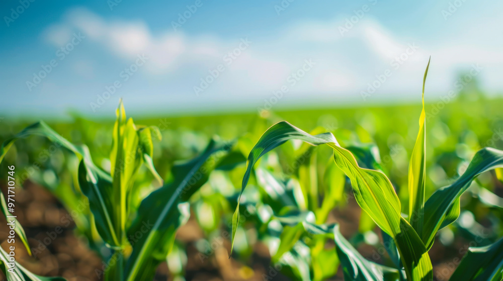 Obraz premium Corn field with green leaves and blue sky in the background. The corn is tall and lush and the sky is clear and bright. Agriculture and gardening concept.
