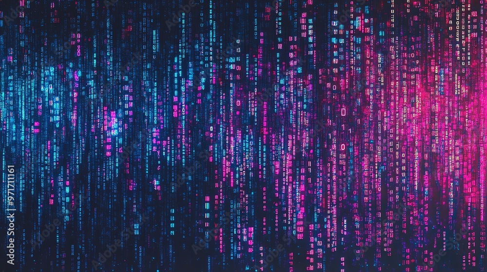 Abstract binary code background with neon blue and pink colors. Abstract binary code background with neon blue and pink colors.