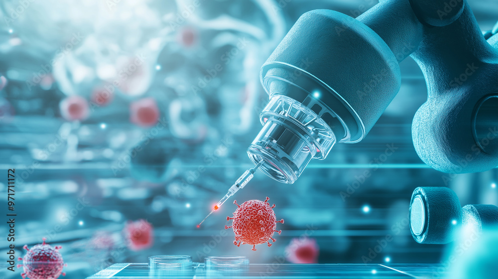 A robotic arm in a microscopic setting, its needle poised to inject a targeted therapy into a malignant cell, symbolizing advanced cancer treatment. A robotic arm in a microscopic setting, its needle poised to inject a targeted therapy into a malignant cell, symbolizing advanced cancer treatment.