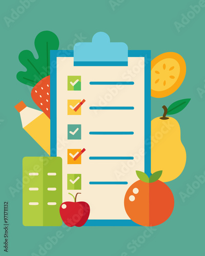 A shopping list with separate categories for musthave items like fresh produce and dairy and nonessential items like snacks and desserts.. Vector illustration