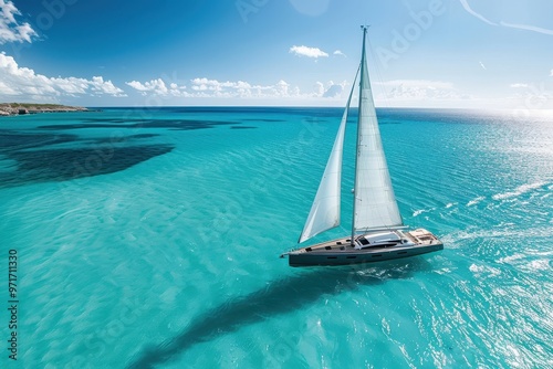 A solitary sailboat navigates the vibrant turquoise waters of a tropical sea under a bright blue sky with scattered clouds