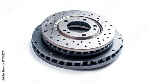 Brake discs and brake pads isolated on a white background featuring auto parts like brake disc rotors and car detailing components for spare parts photo