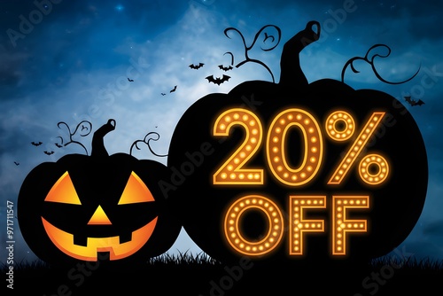 Halloween sale design with pumpkin silhouette, glowing 20% OFF text on blue gradient photo